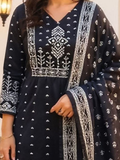 Floral Printed V-Neck Pure Cotton Straight Kurta With Trousers & Dupatta