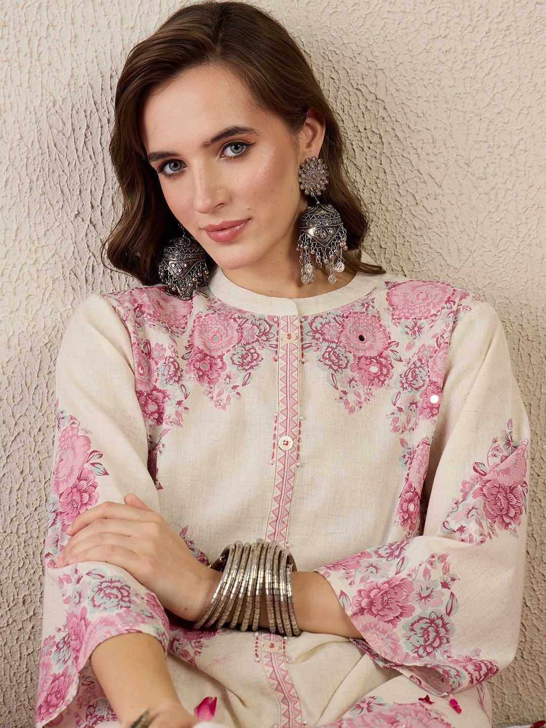 Women Floral Printed Regular Mirror Work Pure Cotton Kurta with Trousers