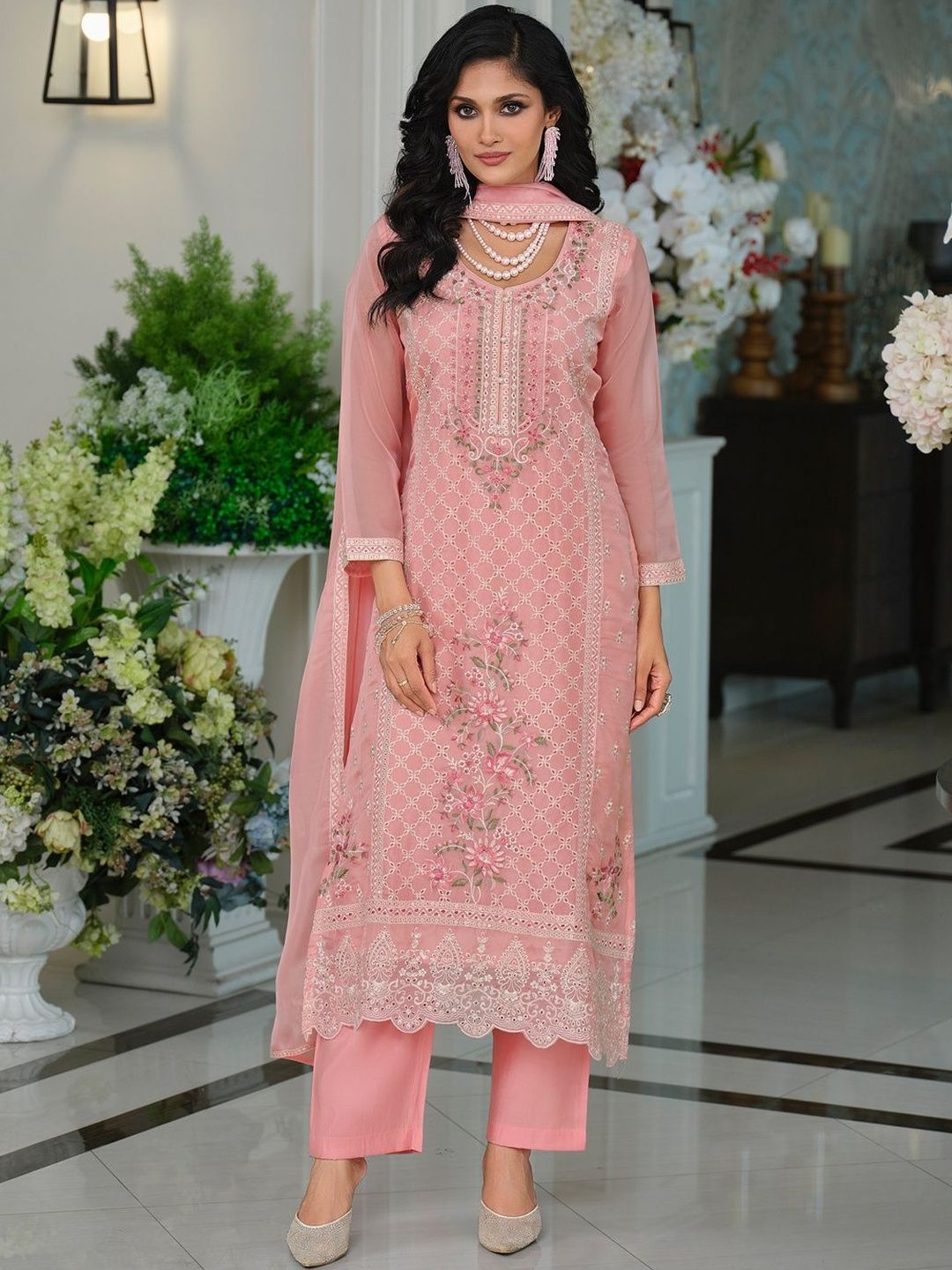 Floral Yoke Design Thread Work Organza Straight Kurta & Trousers With Dupatta