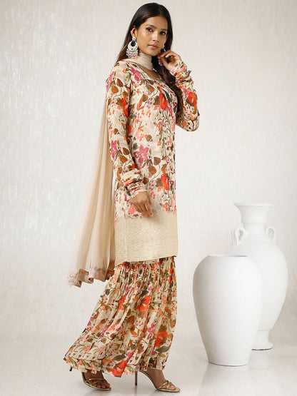 Dhiyona SO Women's Floral Printed Straight Kurta with Sharara & Dupatta