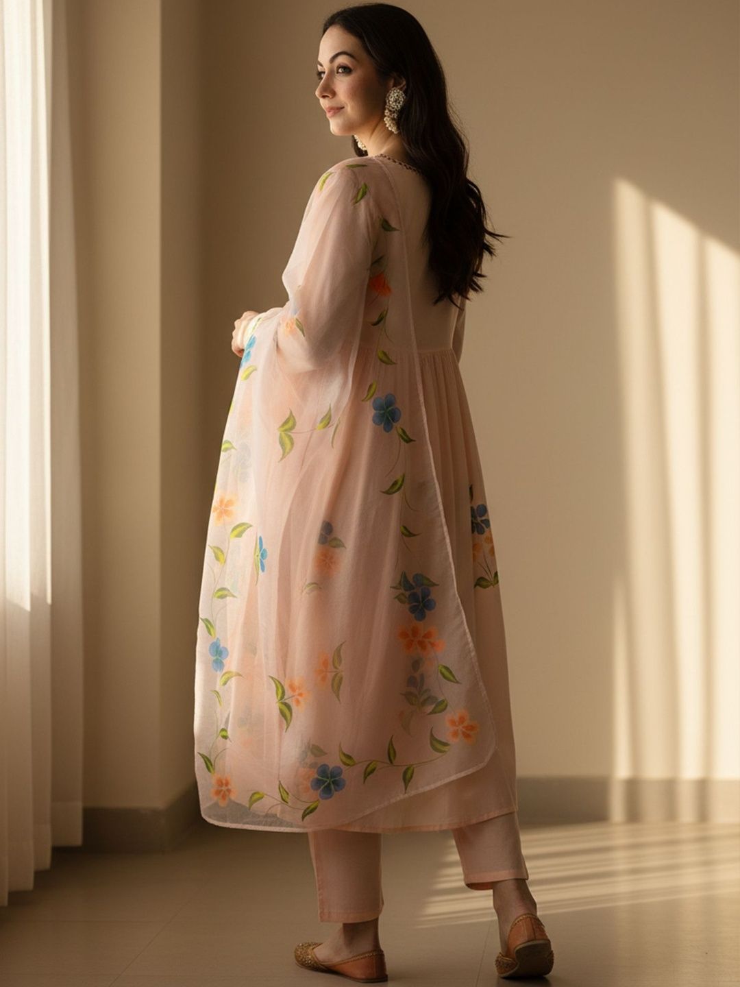 Floral Printed V-Neck Empire Pure Cotton A-Line Kurta With Trousers & Dupatta