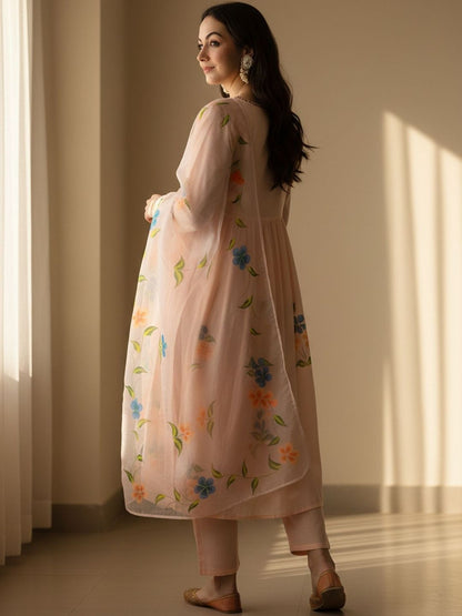 Floral Printed V-Neck Empire Pure Cotton A-Line Kurta With Trousers & Dupatta