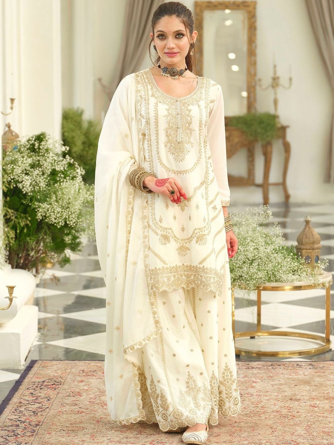 Floral Embroidered Thread Work Kurta With Palazzos & Dupatta
