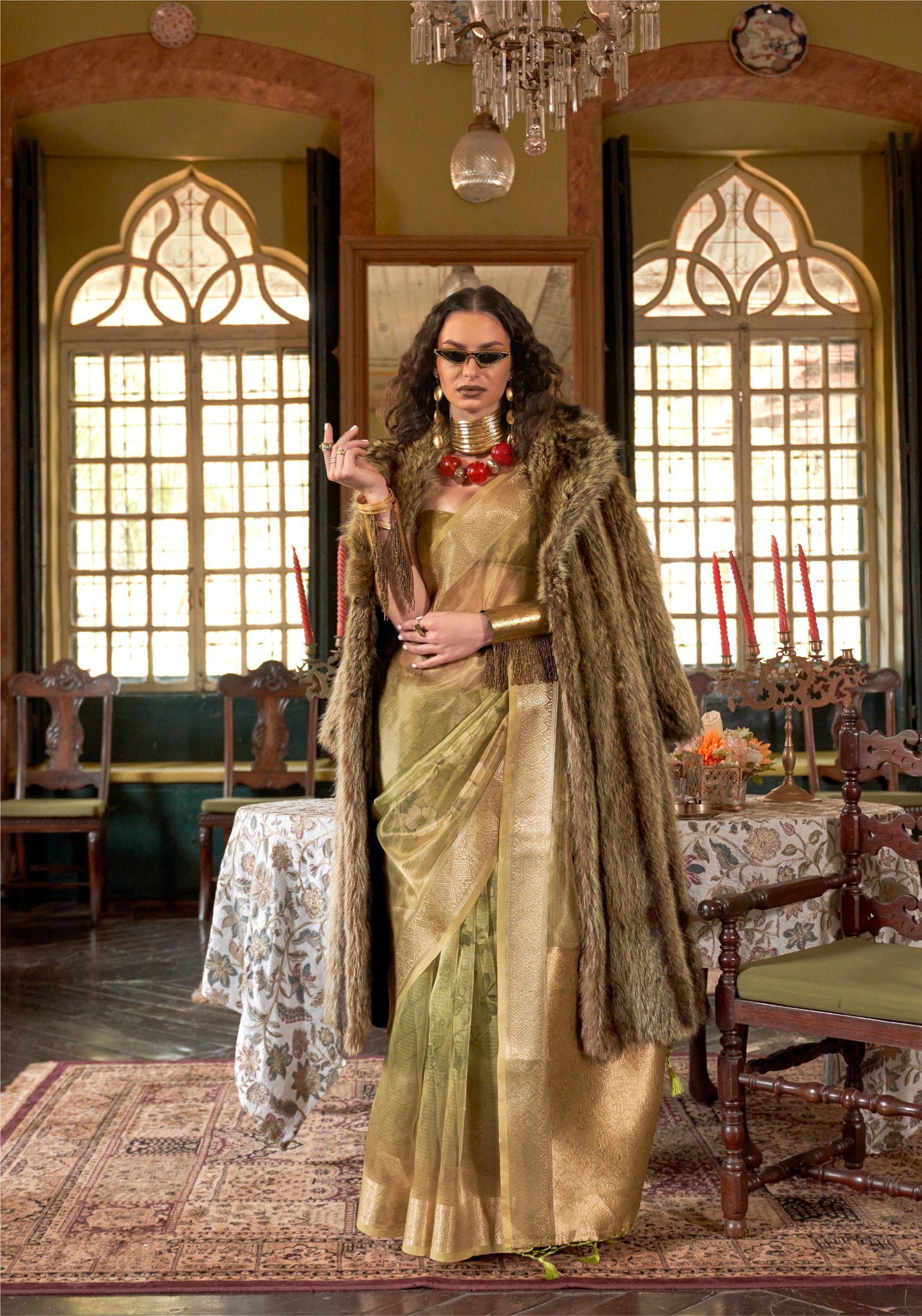 Dhiyona GR Women's Essence Fern Green Organza Woven Printed Saree