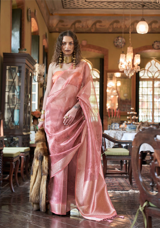 Dhiyona GR Women's Essence Carnation Pink Organza Woven Printed Saree