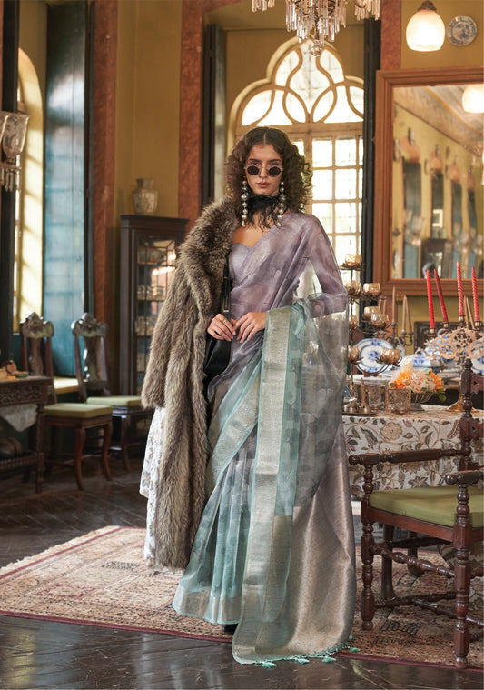 Dhiyona GR Women's Essence Teal & Smoke Grey Organza Woven Printed Saree