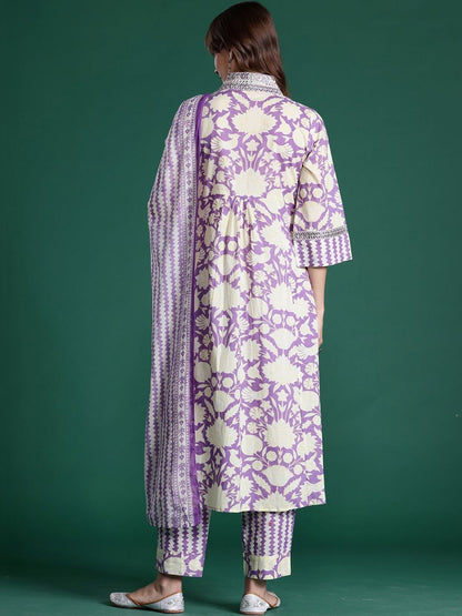 Women Floral Printed Empire Thread Work Pure Cotton Kurta with Trousers & With Dupatta
