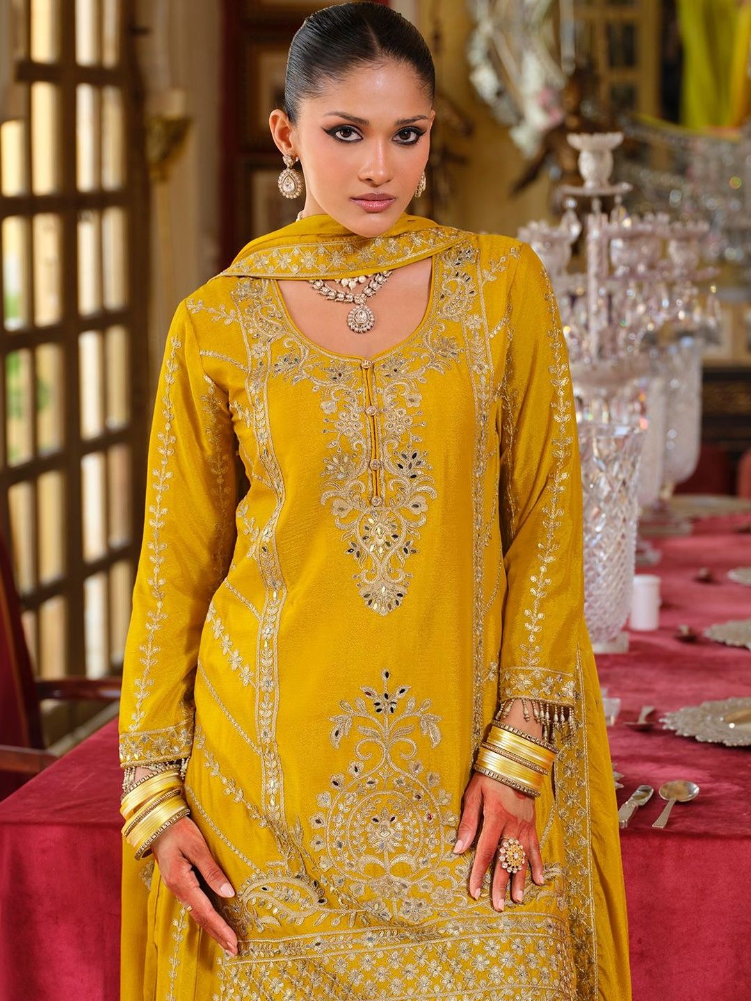 Women Ethnic Motifs Embroidered Regular Thread Work Kurta with Palazzos & With Dupatta