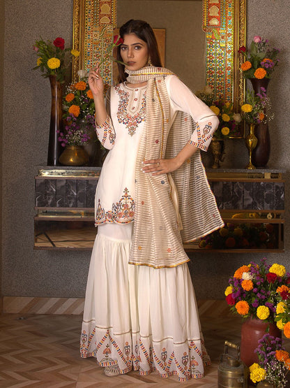 Dhiyona CH Georgette Embroidered Kurta Set with Sharara and Dupatta