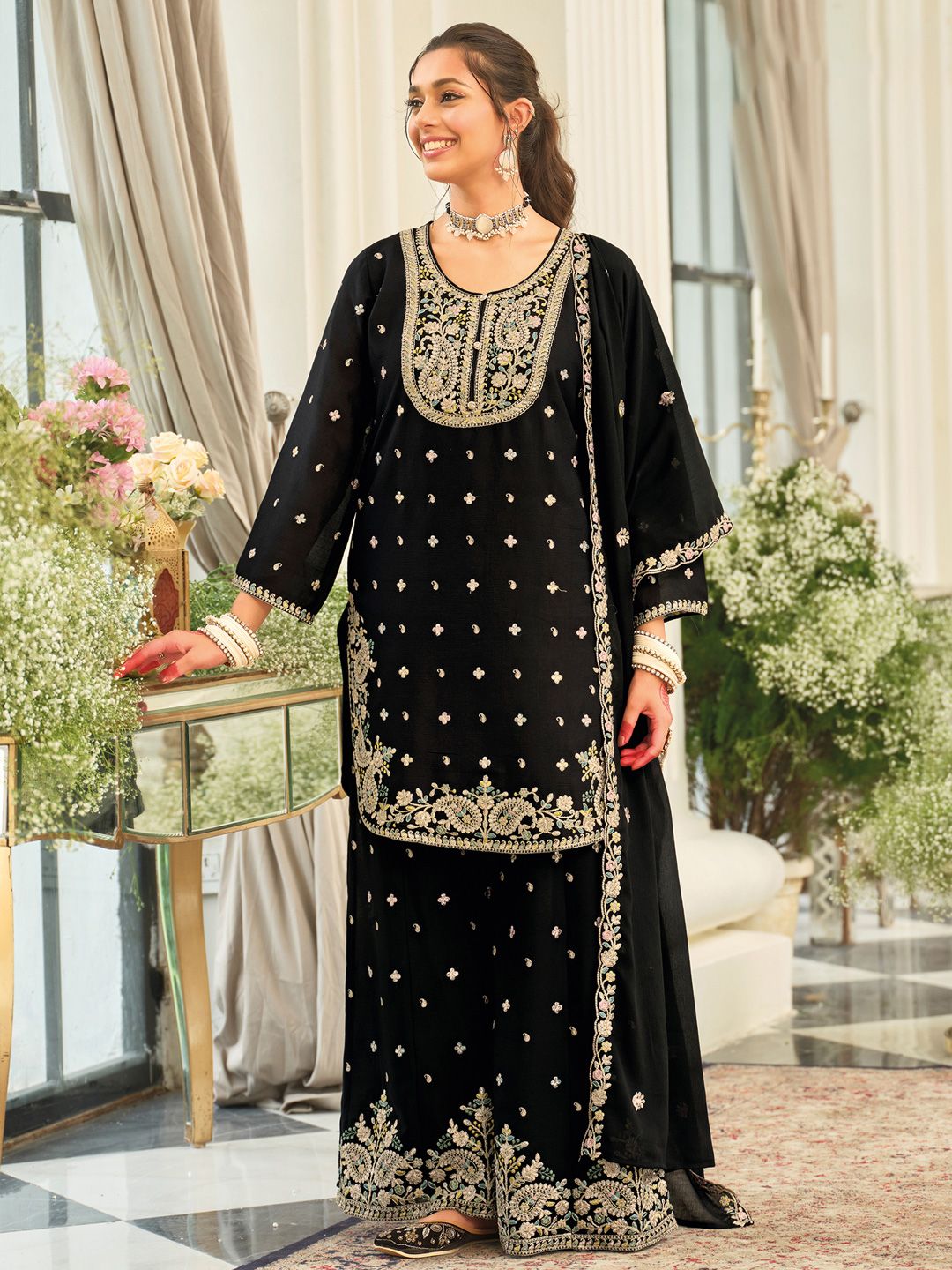 Paisley Embroidered Sequinned Straight Kurta With Palazzos & Dupatta