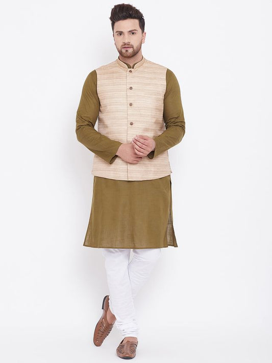 Men's Mehendi Green Cotton Blend Straight Jacket  Kurta and Pyjama Set