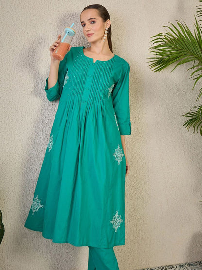 Dhiyona IE Women's Ethnic Motifs Embroidered Thread Work Pure Cotton Kurta with Trousers