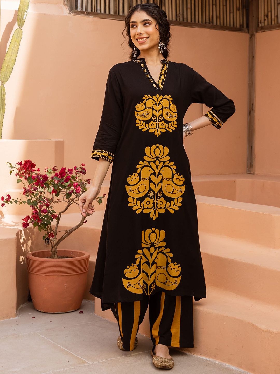 Dhiyona SN Women's Ethnic Motifs Printed Mandarin Collar Straight Kurta & Palazzos