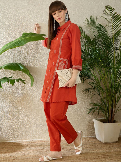 Ethnic Motifs Embroidered Thread Work Pure Cotton Kurta With Trouser
