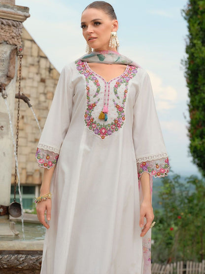 Floral Embroidered V-Neck Straight Thread Work Kurta With Trousers & Dupatta