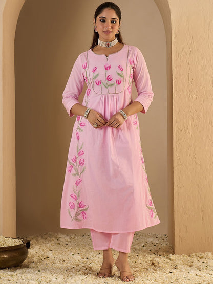Dhiyona IE Women's Women Embroidered Empire Thread Work Pure Cotton Kurta with Trousers & Dupatta