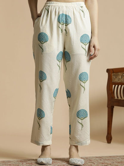 Women's White & Blue Floral Printed Notch Neck Thread Work Cotton A-Line Kurta & Trouser