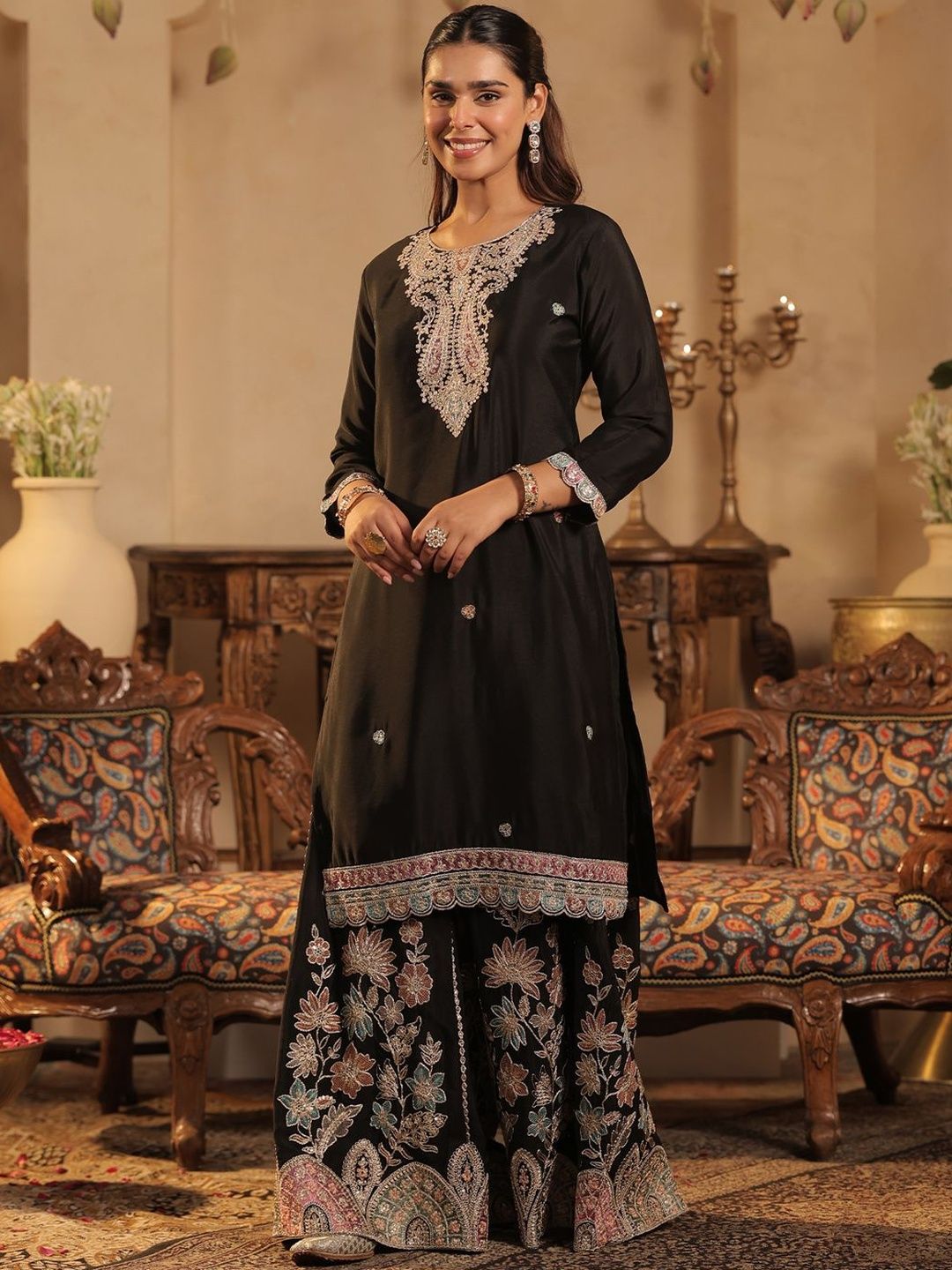 Women Paisley Embroidered Regular Sequinned Straight Kurta with Palazzos &Dupatta