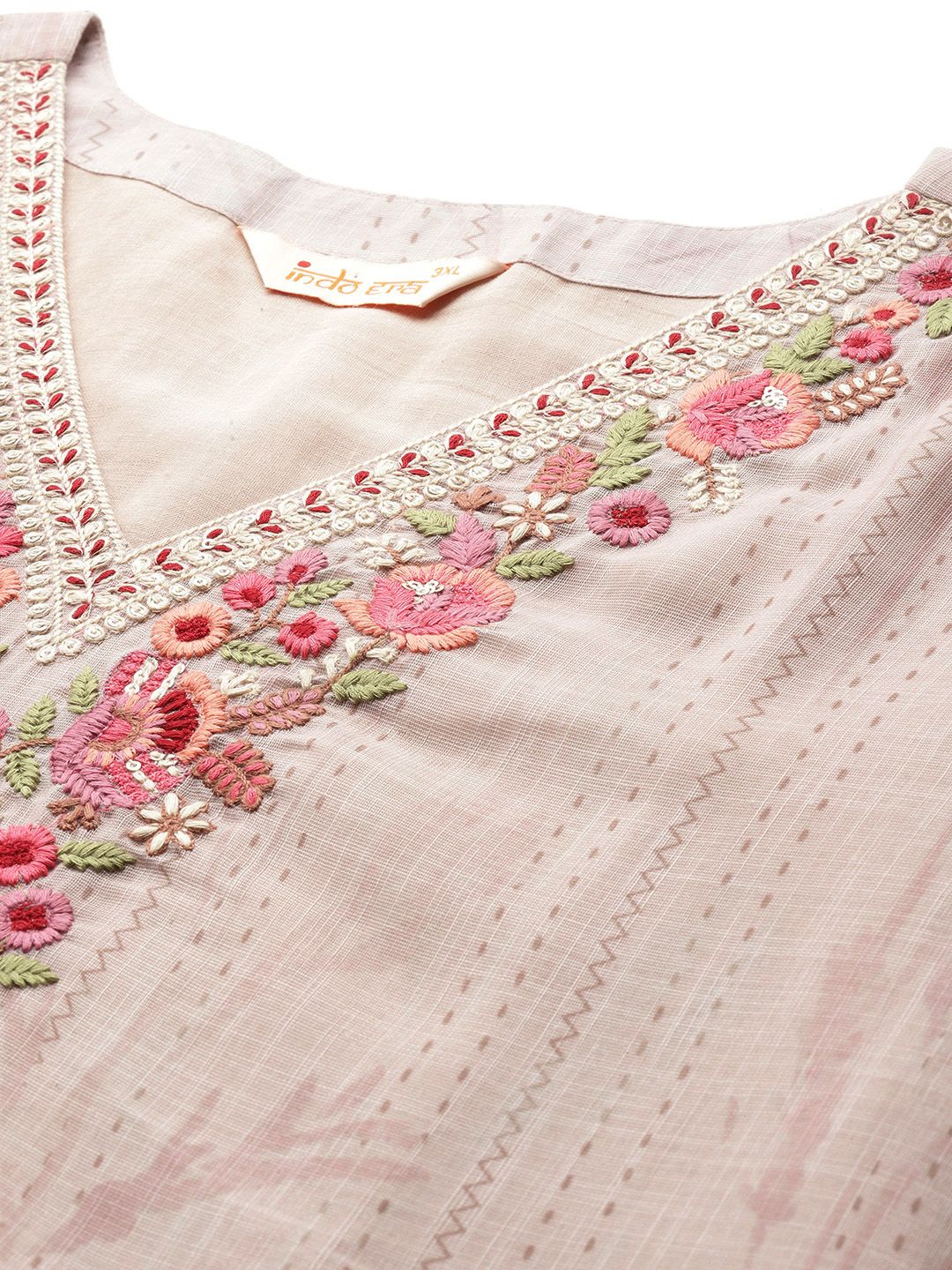 Floral Print Thread Work Linen Kurta with Trousers & Dupatta