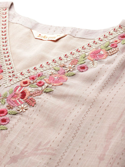 Floral Print Thread Work Linen Kurta with Trousers & Dupatta