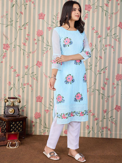 Dhiyona OD  Floral Embroidered Thread Work Floral Georgette Straight Kurta