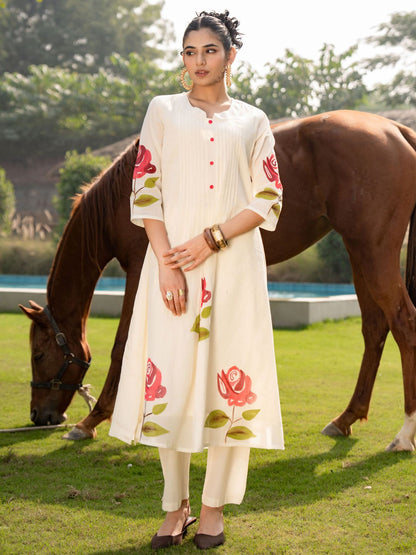 Dhiyona IE Floral Printed Mandarin Collar Pure Cotton A-Line Kurta With Trouser