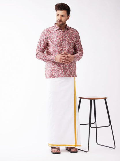 Men's MulticolorBasePink Silk Blend Straight Shirt And Mundu