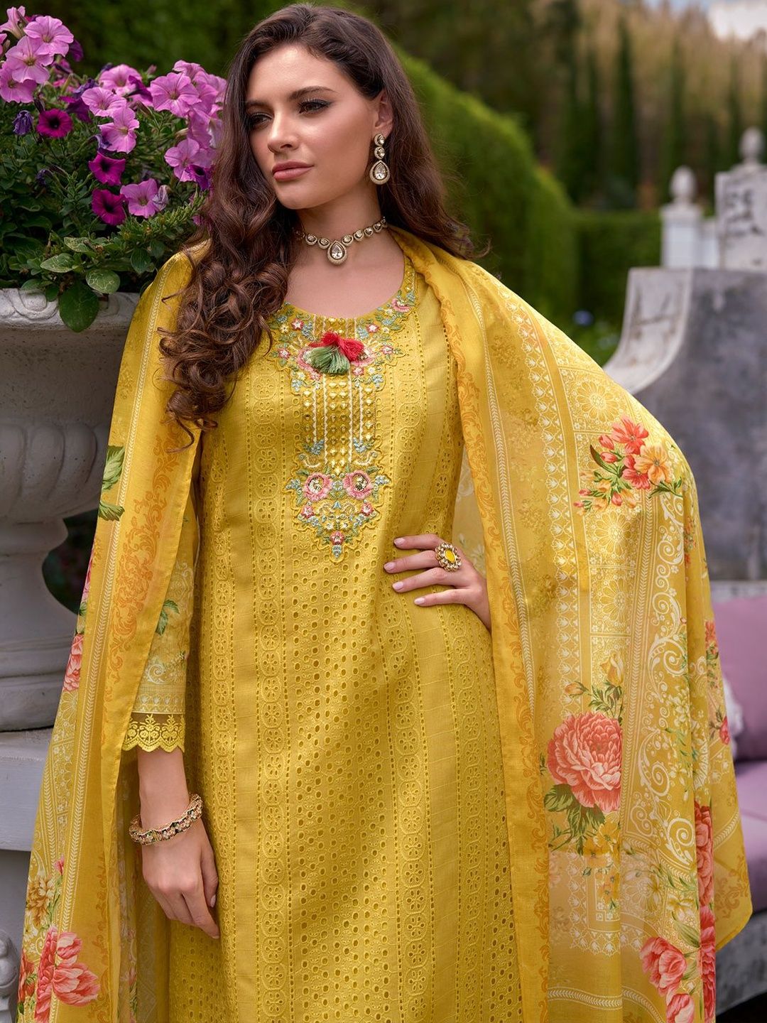 Women Floral Embroidered Cotton Kurta with Trousers & Dupatta