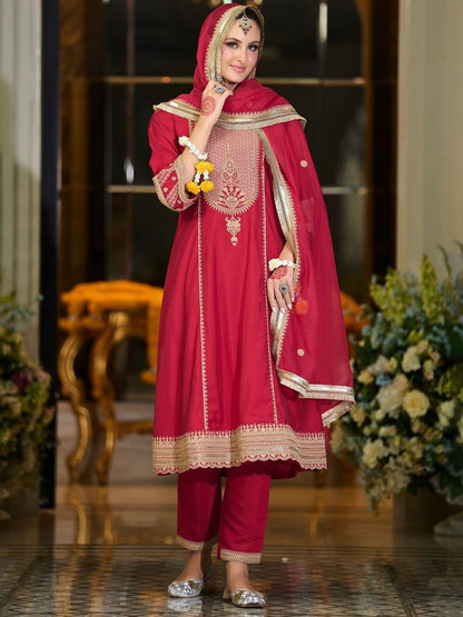 Women Ethnic Motifs Embroidered Zari A-Line Kurta with Trousers & Dupatta