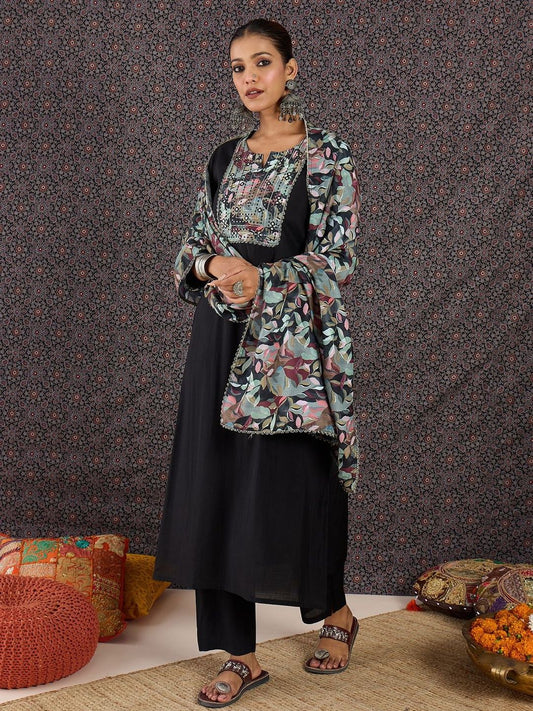Women Floral Embroidered Regular Mirror Work Kurta with Trousers & With Dupatta