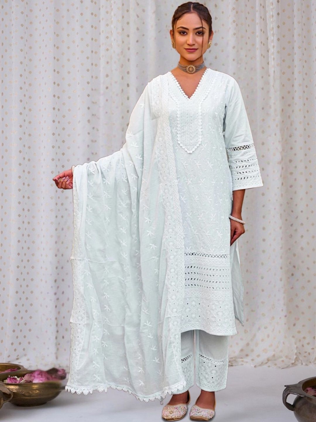 Dhiyona IE Women Ethnic Motifs Embroidered Regular Chikankari Pure Cotton Kurta with Trousers & With Dupatta
