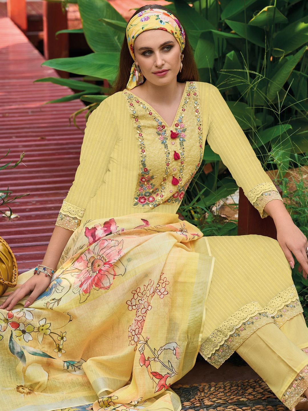 Dhiyona IE Yellow Floral Embroidered Thread Work Pure Cotton Kurta with Trouser & Dupatta