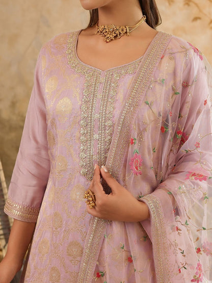 Ethnic Motifs Woven Design Zari Straight Kurta With Trousers & Dupatta