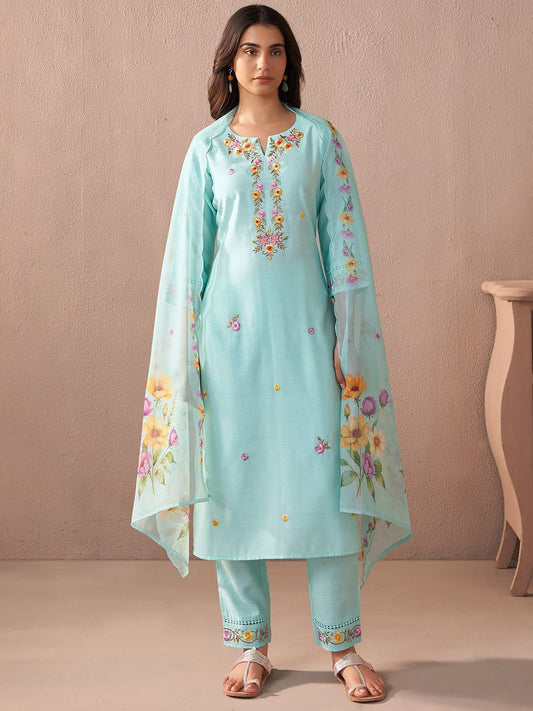 Dhiyona IE Floral Embroidered Notch Neck Straight Kurta With Trouser And Dupatta