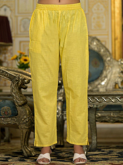 Dhiyona VA Women's V Neck Gathered Flared Cotton Kurta with Trouser & Embroidered Dupatta