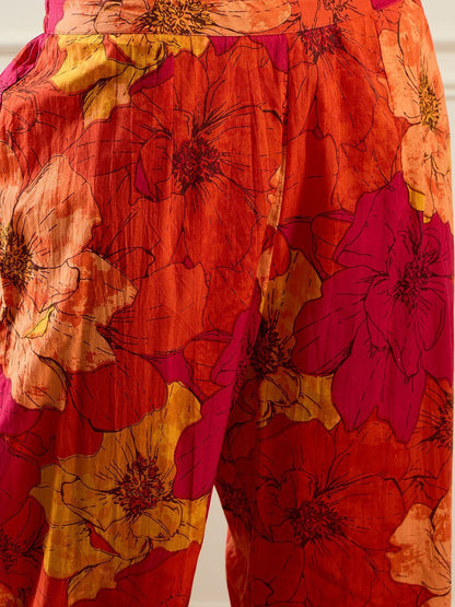 Floral Printed V-Neck Pure Cotton Straight Kurta With Trousers