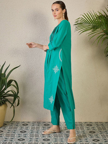 Dhiyona IE Embroidered Notch Neck Pure Cotton Kurta & Trousers