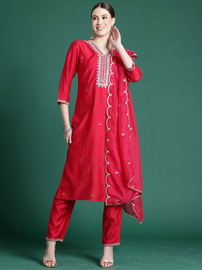 Dhiyona IE Floral Embroidered Liva Straight Kurta With Trousers & Dupatta