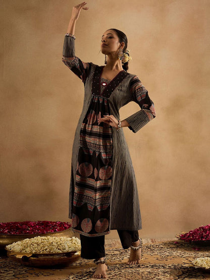 Geometric Printed Panelled Sequinned Pure Cotton A-Line Kurta With Trousers