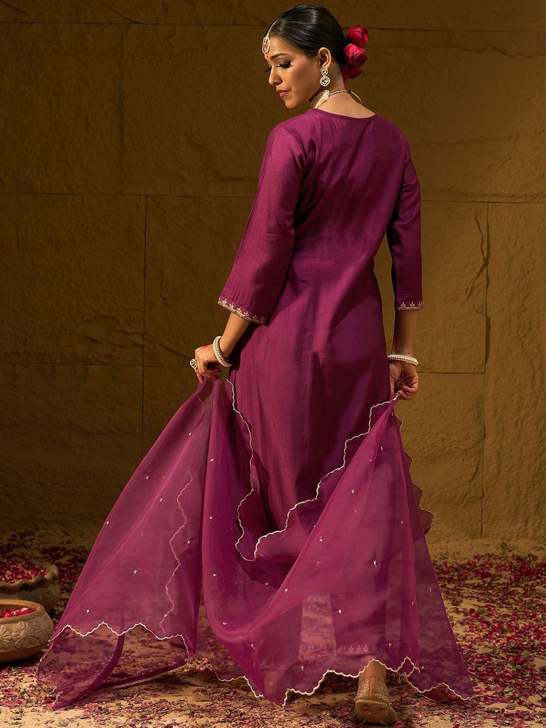 Ethnic Motifs Embroidered Sequinned Liva Straight Kurta With Trousers & Dupatta