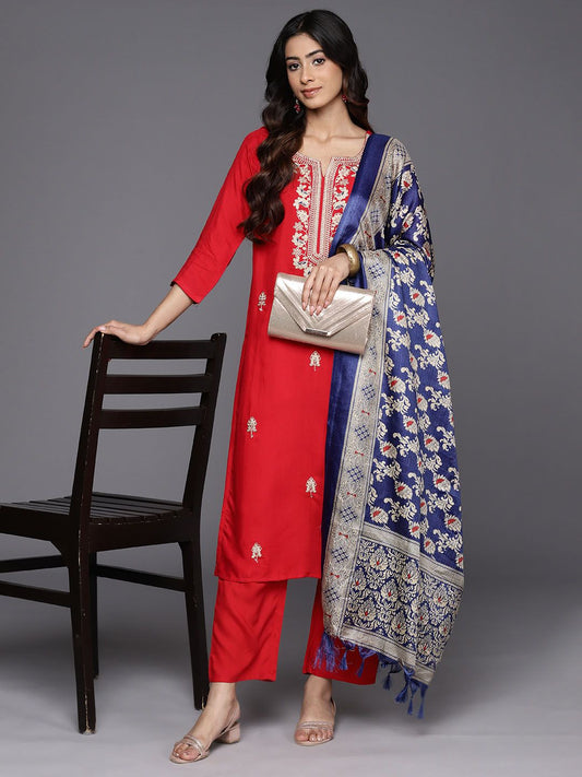 Dhiyona VA Women'sRed Paisley Embroidered Regular Straight Kurta With Trouser With Dupatta