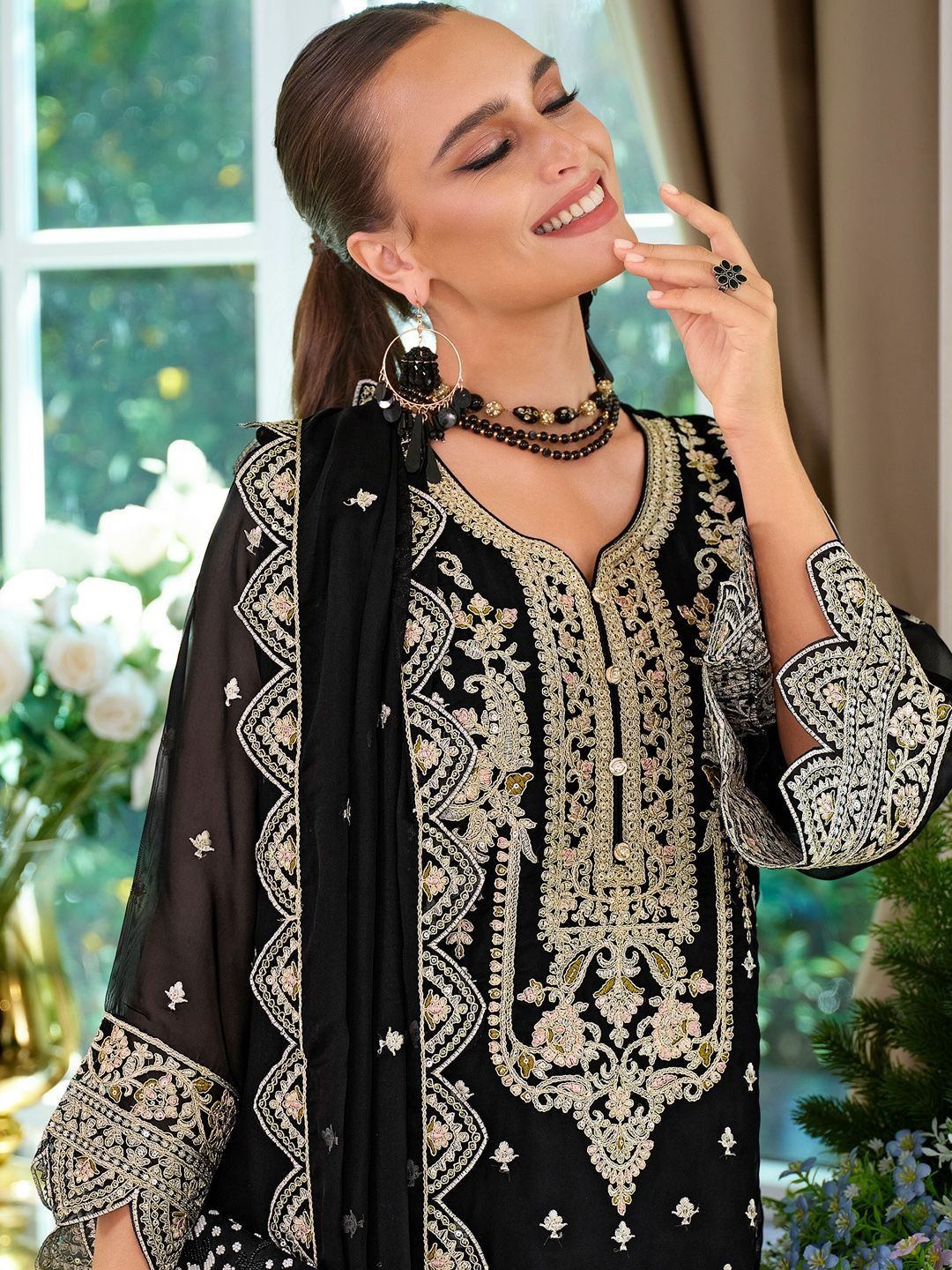 Ethnic Motifs Embroidered V-Neck Thread Work Kurta With Trousers & Dupatta