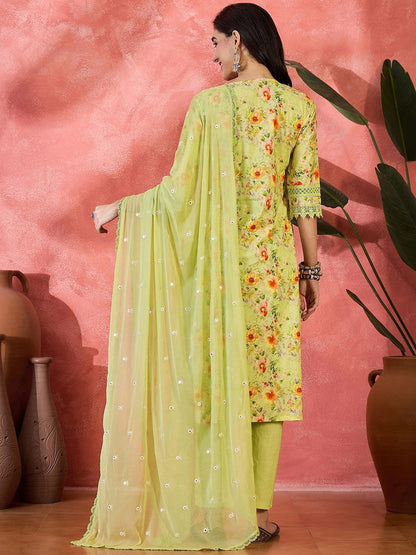 Dhiyona SN Women's Floral Printed Pure Cotton Sweetheart Neck Straight Kurta With Trousers & Dupatta