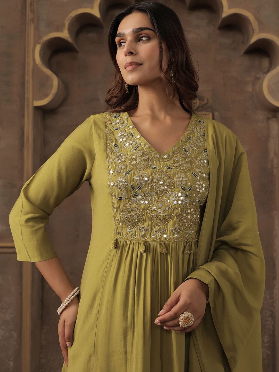 Women Green Silk Blend Ethnic Motifs Empire Mirror Work Kurta Trousers & Dupatta