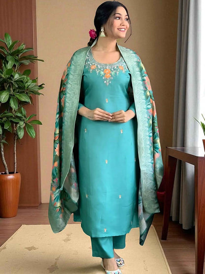 Dhiyona SN Women's Floral Embroidered Thread Work Straight Kurta With Trouser And Dupatta