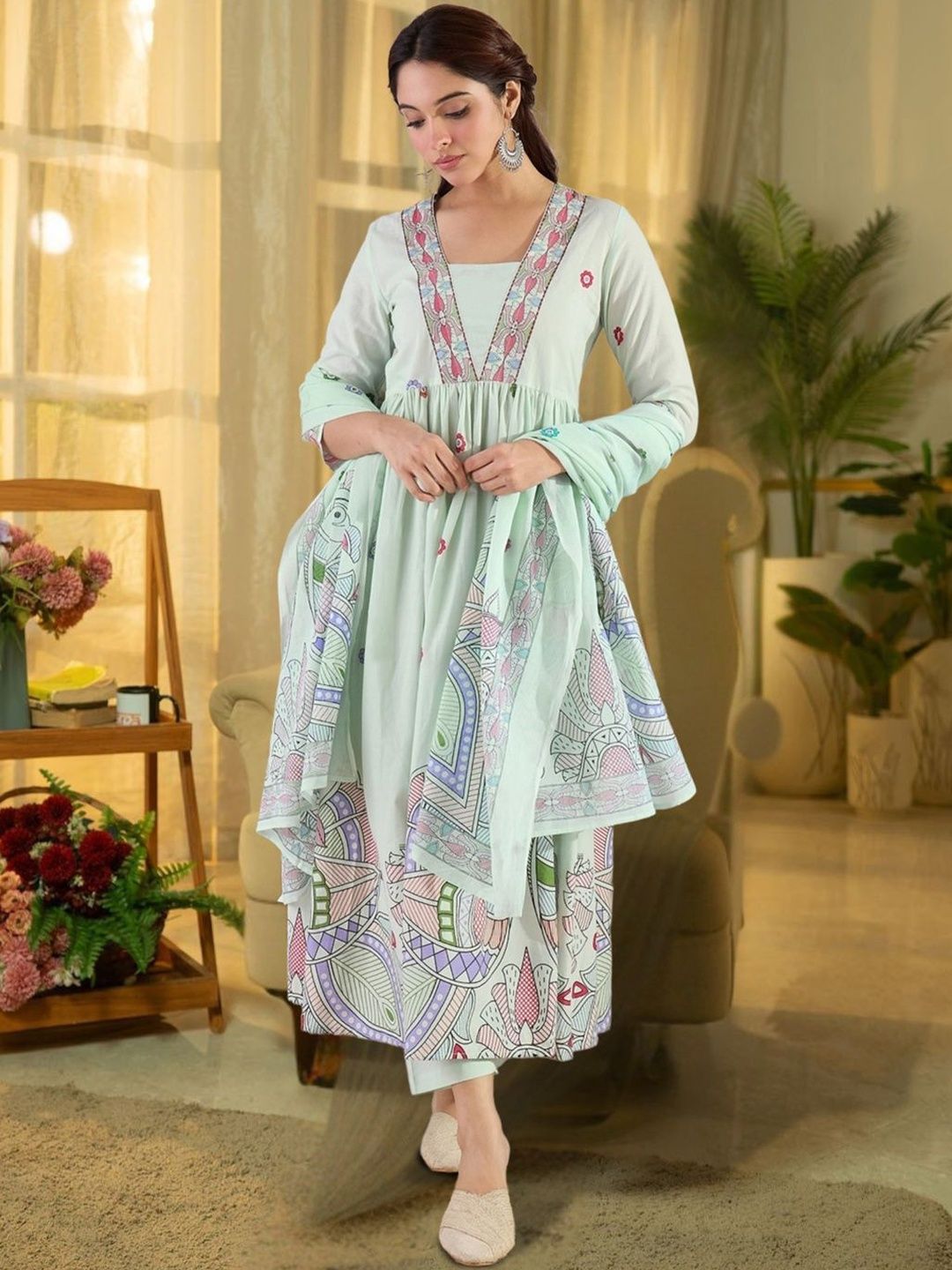 Women Ethnic Motifs Embroidered Panelled Thread Work Pure Cotton Kurta with Trousers & With Dupatta