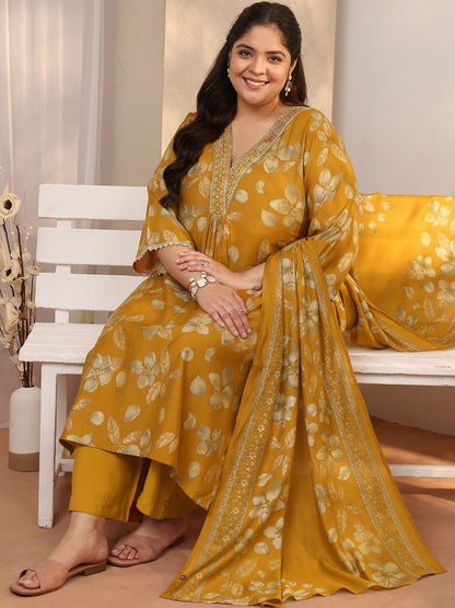 Dhiyona Women's Plus Size Floral Printed Pleated Kurta with Trousers & Dupatta
