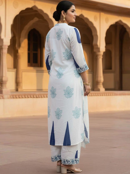 Women Printed Regular Thread Work Pure Cotton Kurta with Trousers & Dupatta