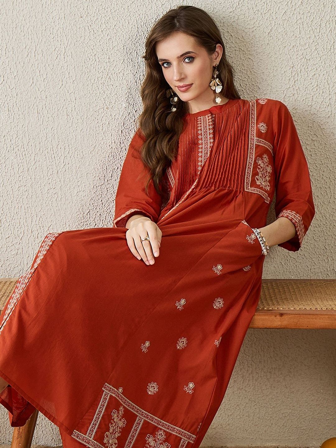 Women Ethnic Motifs Embroidered A-Line Cotton Kurta With Trousers
