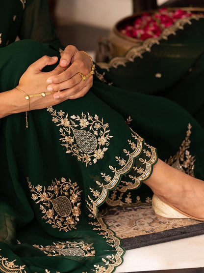 Dhiyona CH Women Floral Embroidered Pleated Mirror Work Kurta with Trousers & Dupatta